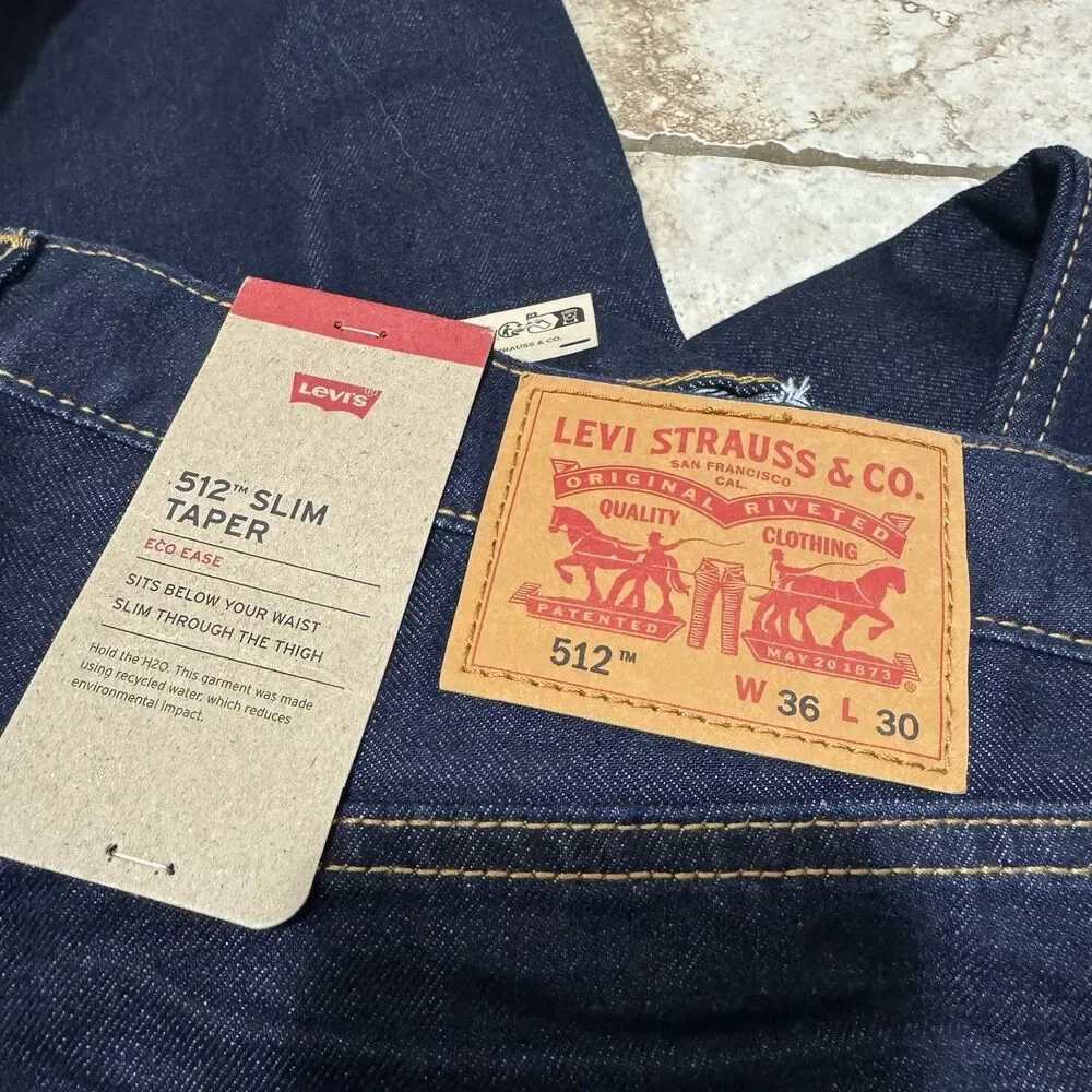NWT Levis 512 Men's 36X30 Slim Taper Fit Stretch Blue Denim‎ Jeans New